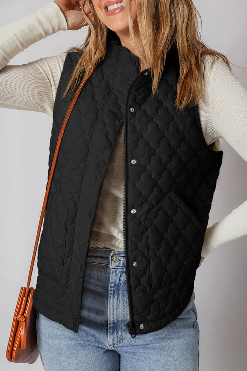 Stand Collar Flower Quilted Snap Button Zip Vests